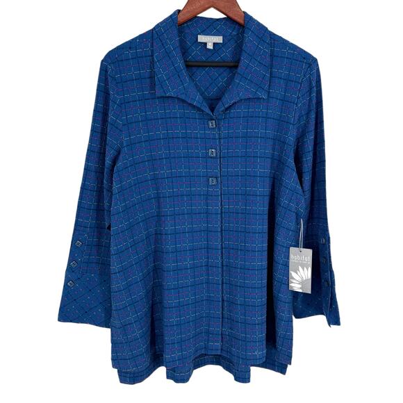 NEW NWT Habitat Sz Medium Blue Pink Wearable Art Blouse Shirt Top Unique Artsy - Picture 1 of 8